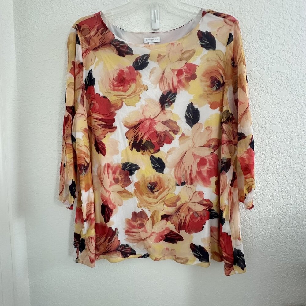Charter Club Shirt Womens 4XL‎ Multi Floral Sheer Lightweight 3/4 Sleeve Fairy